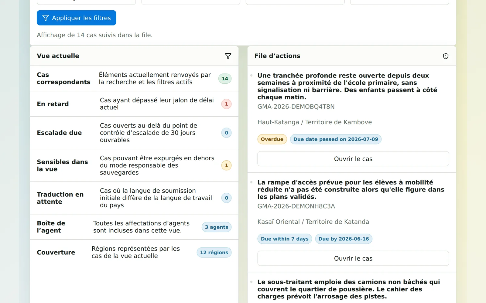 Registre des dossiers GM-Africa : file d'actions, cas en retard et couverture par région